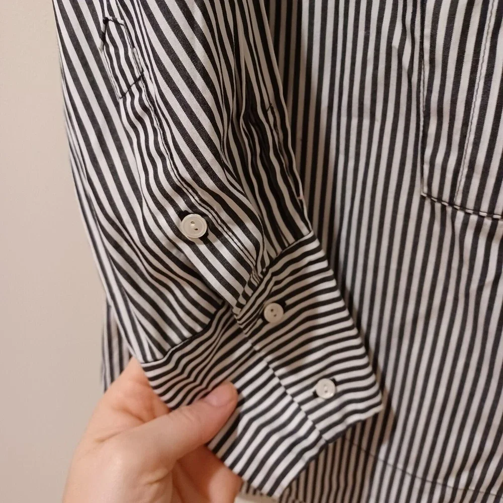 Nili Lotan 3/4 Sleeve Navy Blue Stripe Button Down Relaxed Boxy Fit Shirt XS - Picture 6 of 9